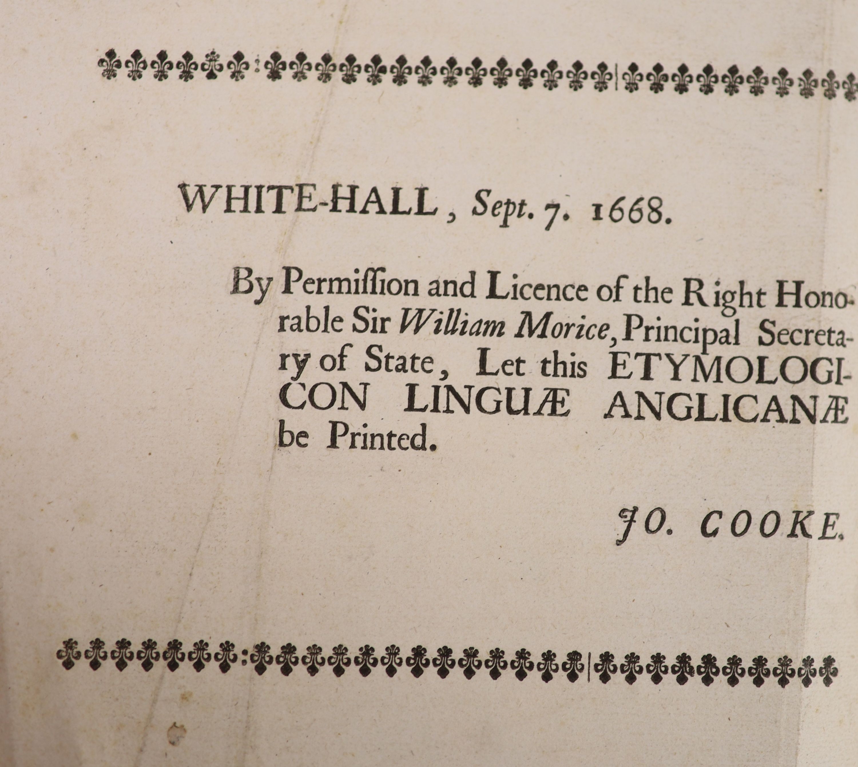 Skinner, Stephen - Etymologicon Linguae Anglicanae... head & tailpiece decorations, licence leaf & 'Candide Lector' (3)pp at end; sometime rebound half calf & (old) marbled